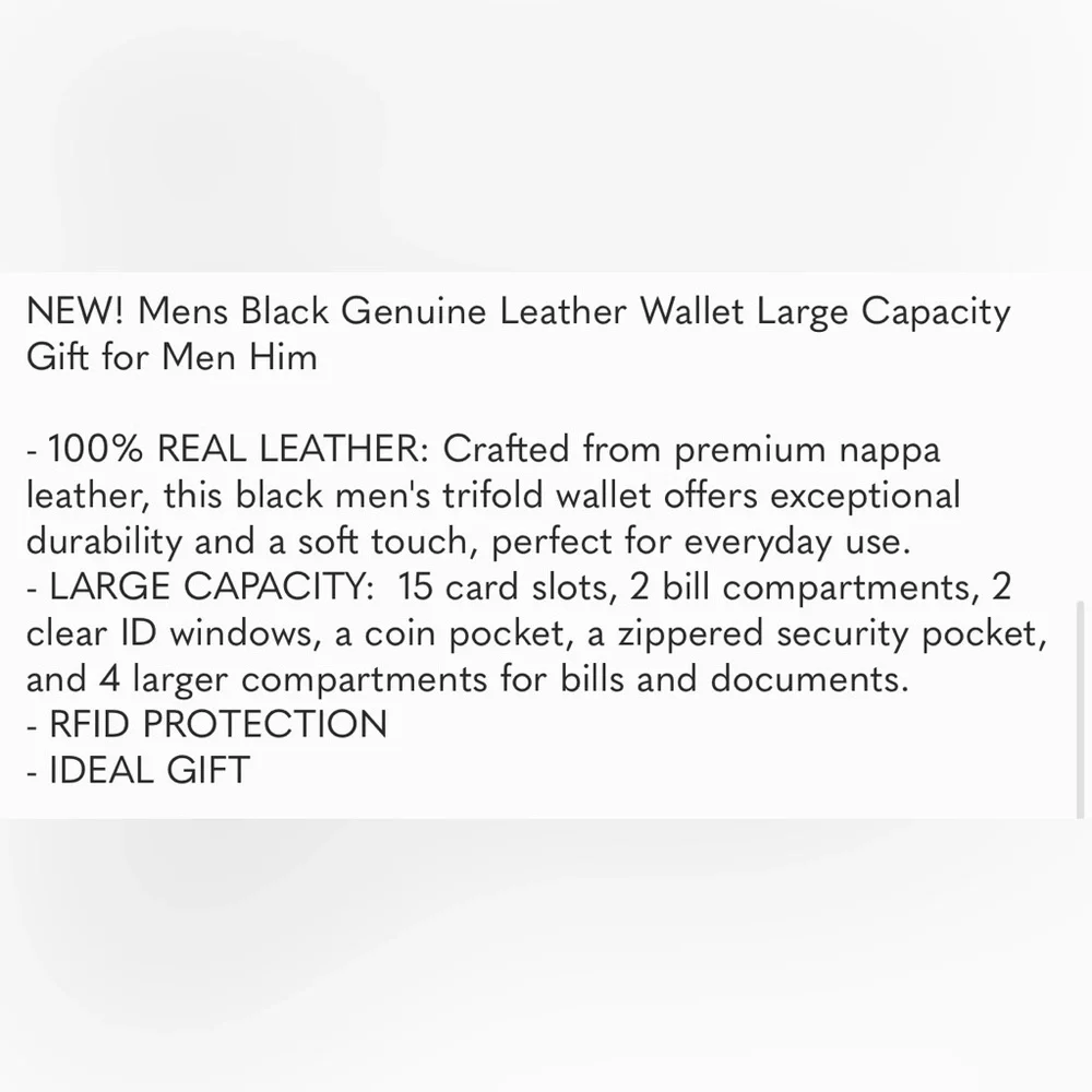 Mens Black Nappa Genuine Leather Wallet Trifold Large Capacity Gift for Men Him